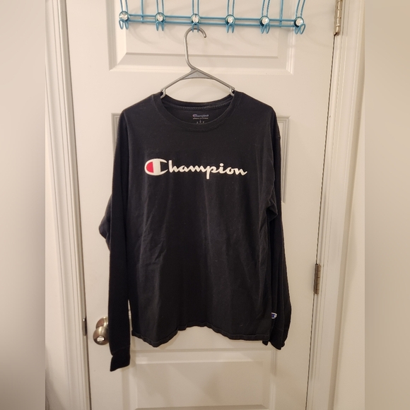 Champion Logo Size Large Black Long Sleeve Mens Crew Neck #B35 - Picture 1 of 5